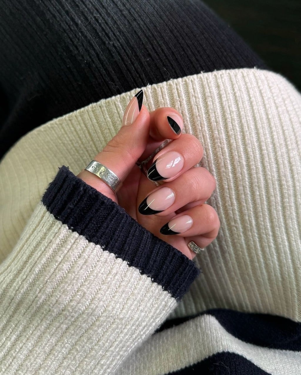 Sheer Pink Long Almond Polka Dot French — Simple Black French Nails