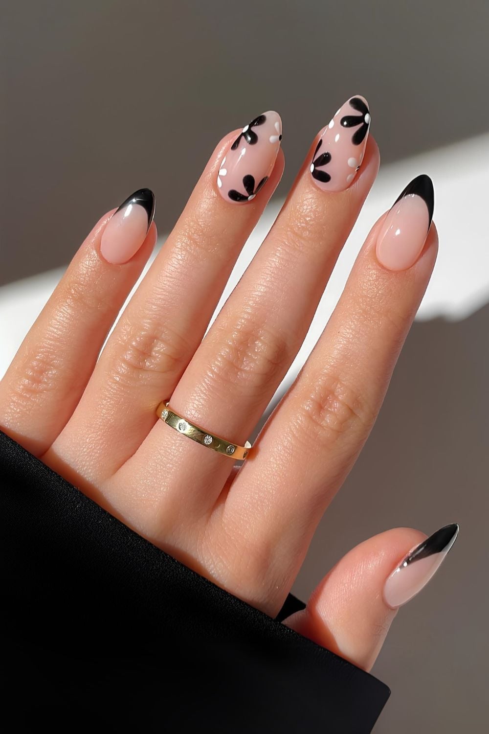 Medium Almond Floral Black French Art — Simple Black French Nails