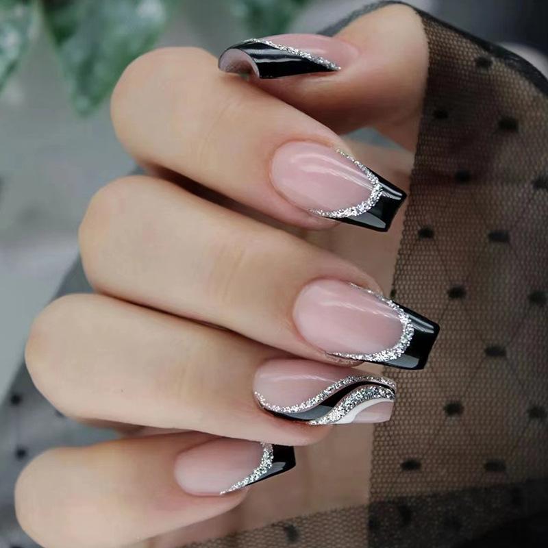 Long Almond Black French Silver Glitter — Simple Black French Nails