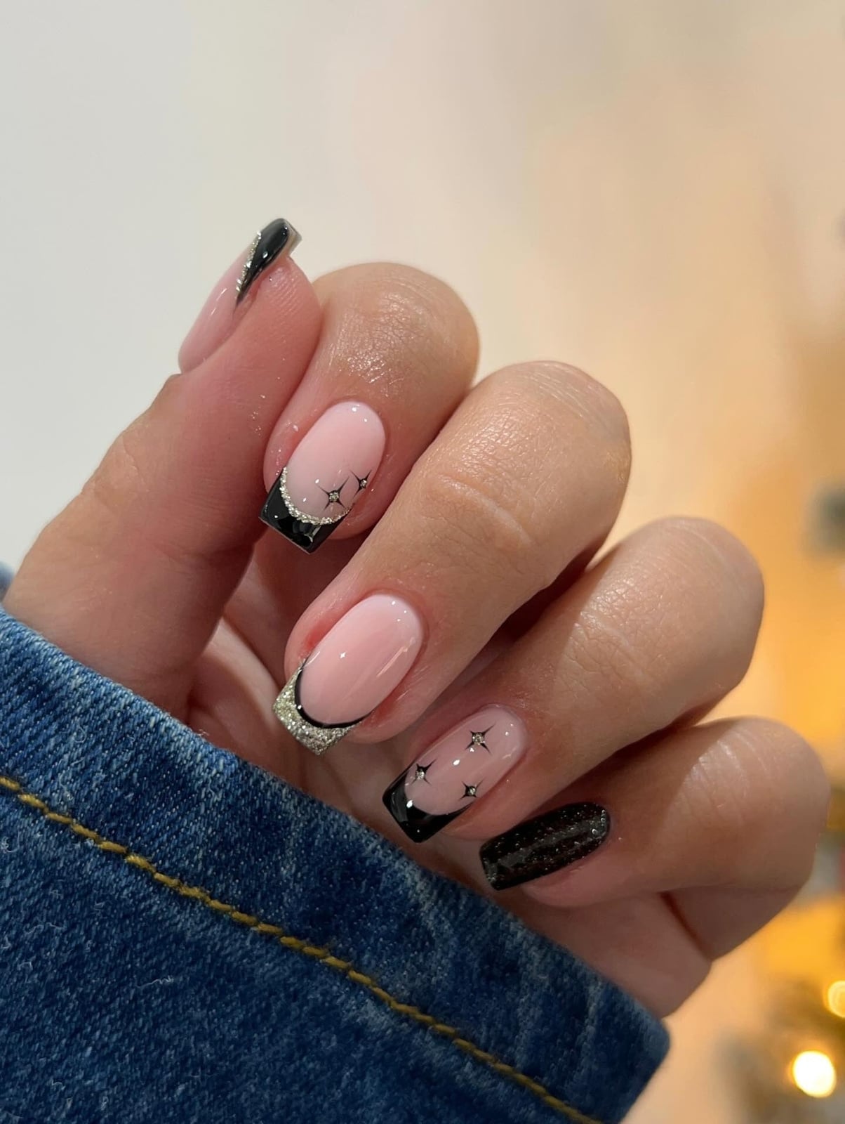 Medium Soft Square Black French Stars — Simple Black French Nails