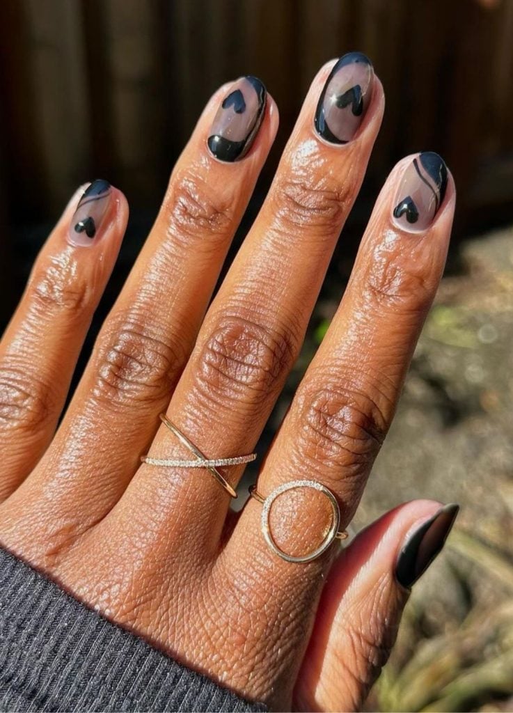 Short Oval Double Line Black and White French — Simple Black French Nails