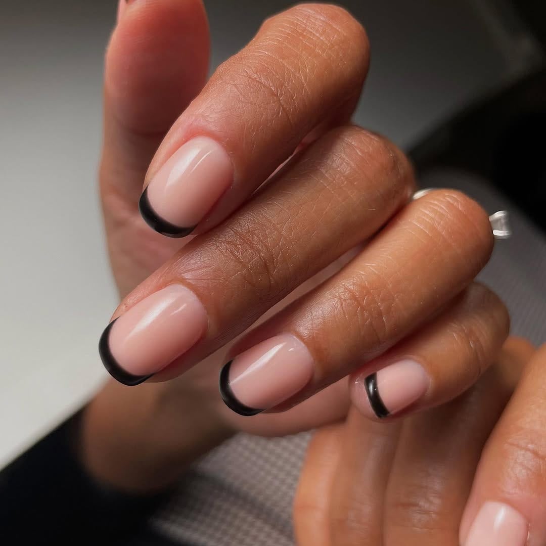 Medium Almond Pink Bow Black French — Simple Black French Nails