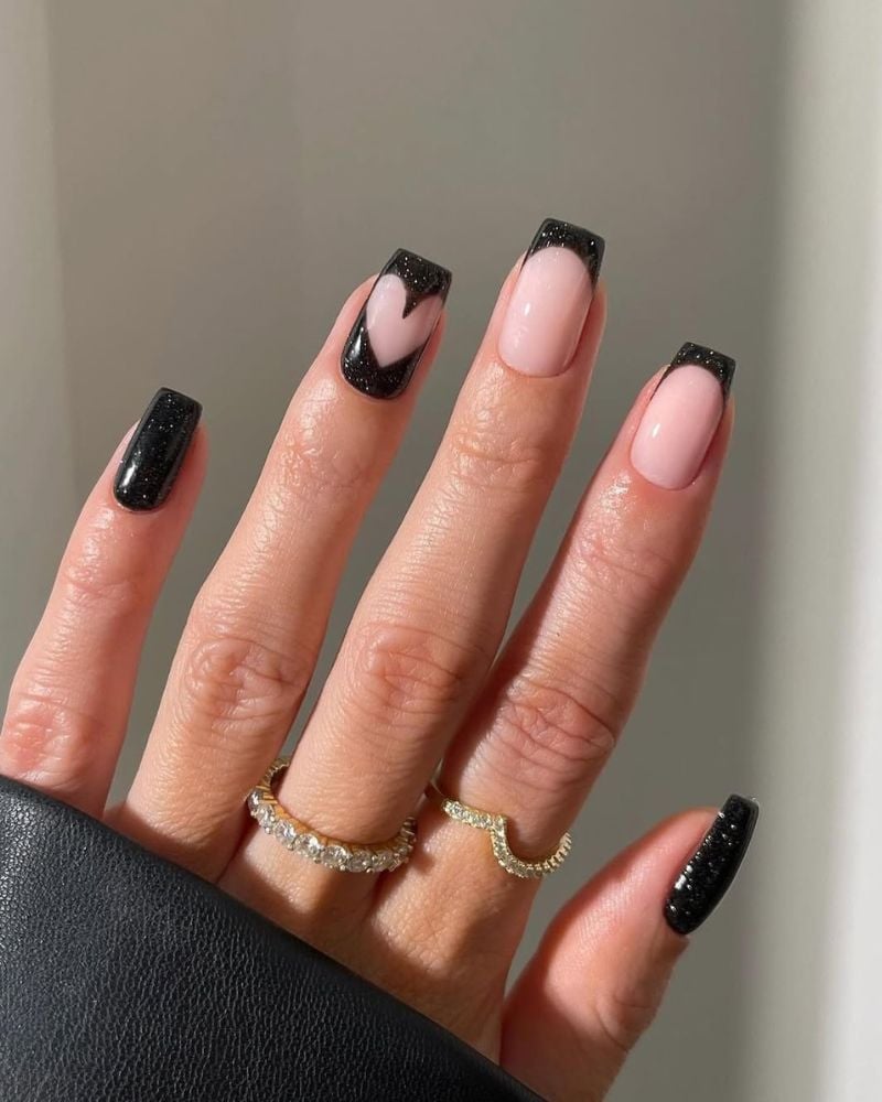 Long Coffin Black French Glitter Accent — Simple Black French Nails