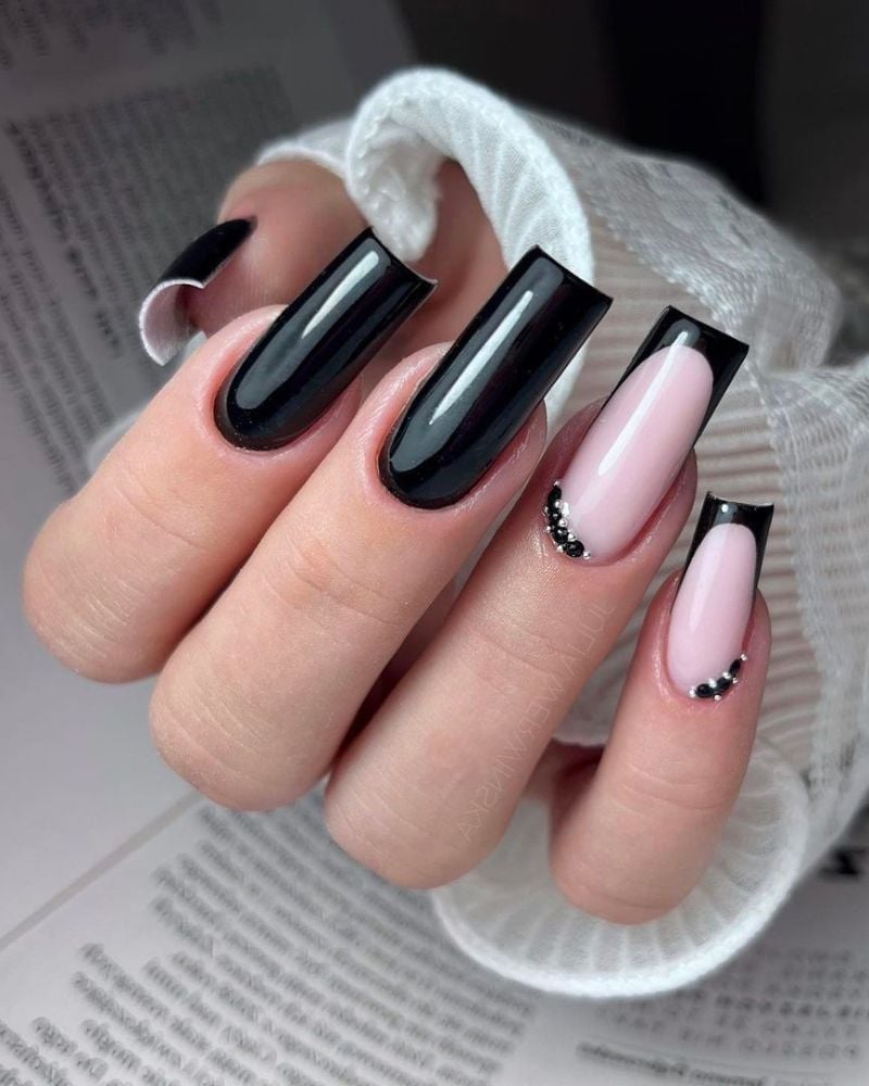 Long Square Black French Rhinestone Accents — Simple Black French Nails