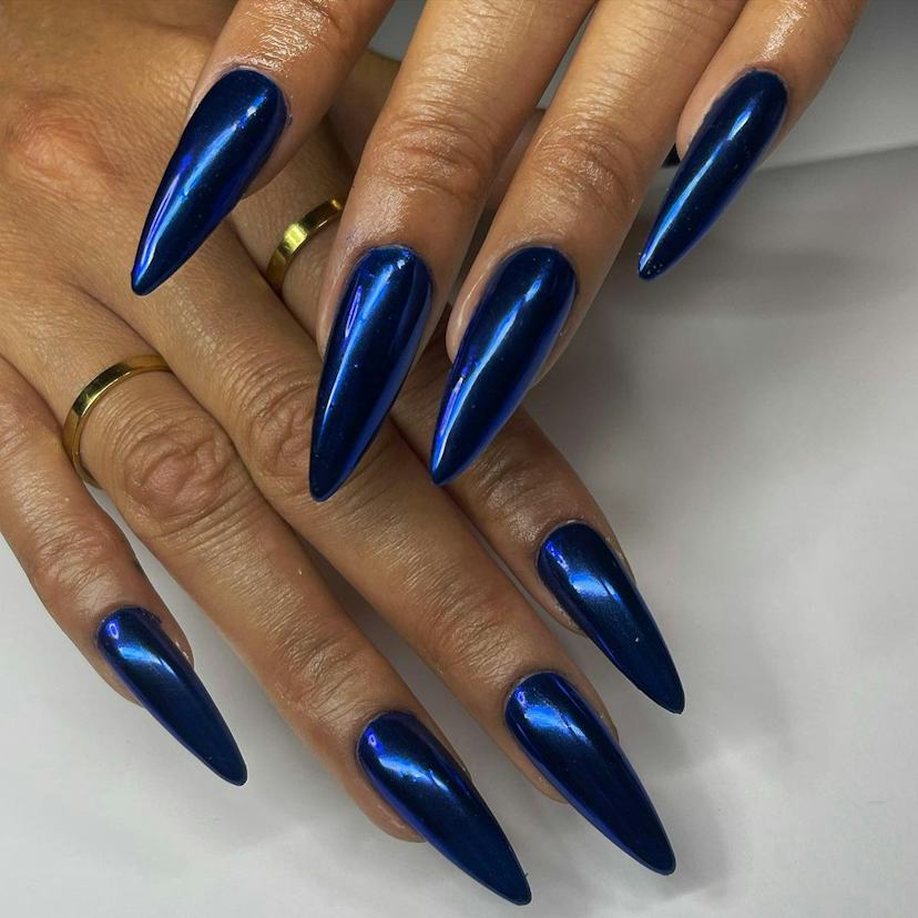 Deep Blue Chrome Long Stiletto Nails Deep Blue Chrome Long Stiletto Nails — Simple Blue Chrome Nails