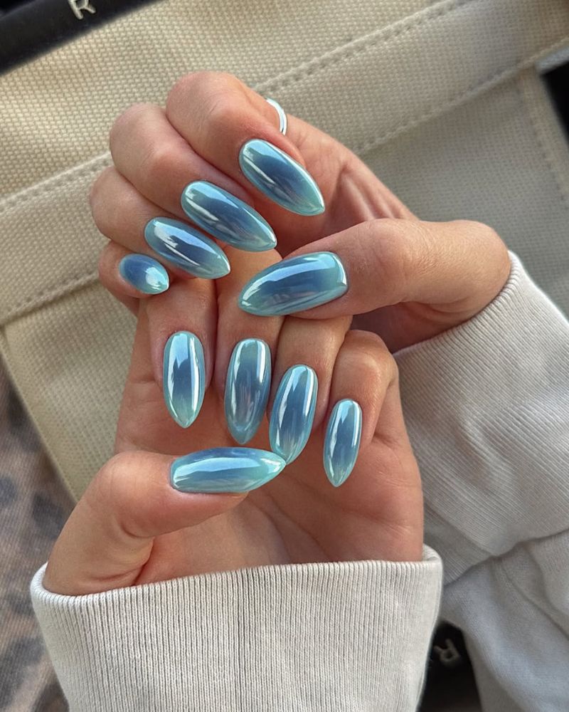 Pale Blue Chrome Almond Nails Pale Blue Chrome Almond Nails — Simple Blue Chrome Nails