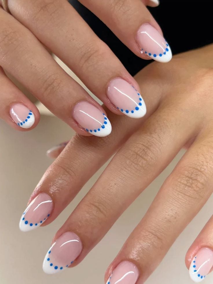 Medium Almonds With White French Tips and Blue Dot Detail — Simple Blue French Tip Nails