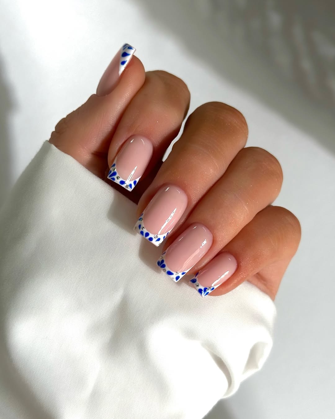 Medium Square Nails With White French Tips and Blue Dots — Simple Blue French Tip Nails