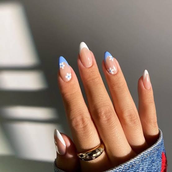 Almond Nails With Blue Floral French Tips — Simple Blue French Tip Nails