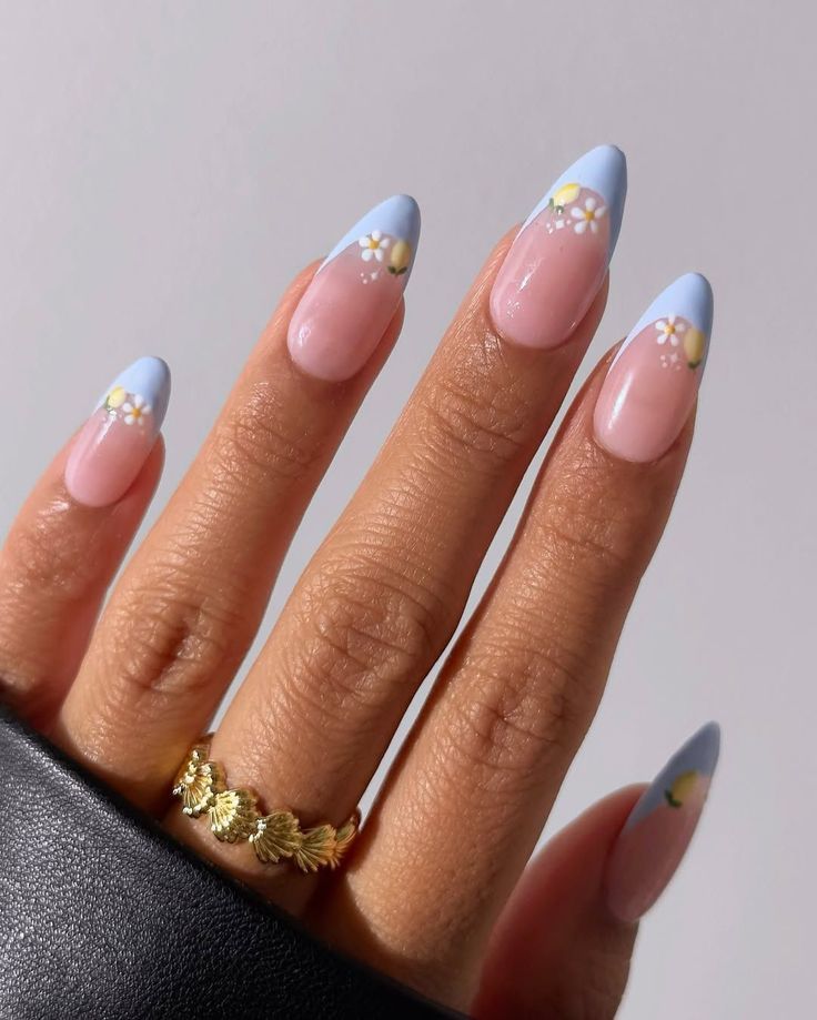 Almond Nails With Light Blue French Tips and Lemon Accents — Simple Blue French Tip Nails