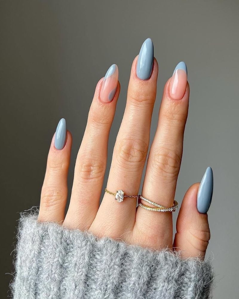 Sheer Nude Almonds With Bold Blue French Tips — Simple Blue French Tip Nails