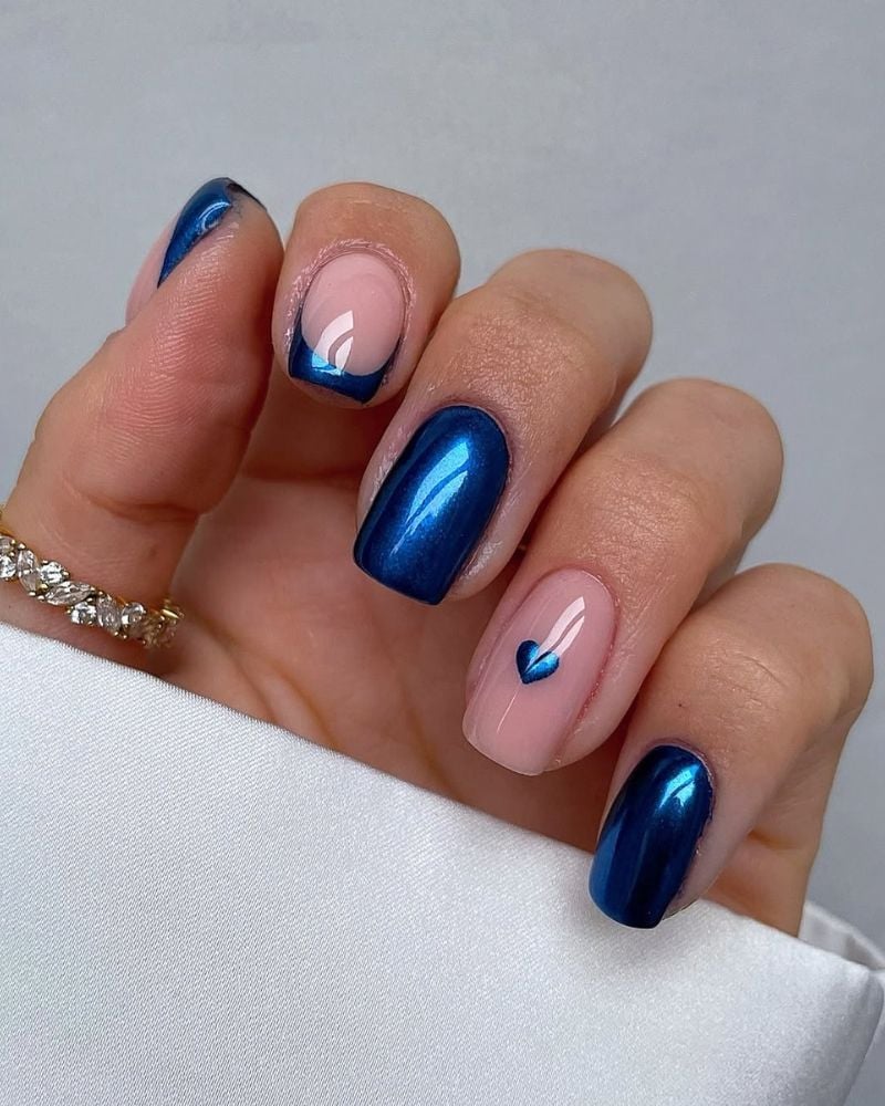 Short Square Nails With Chrome Blue French Tips — Simple Blue French Tip Nails