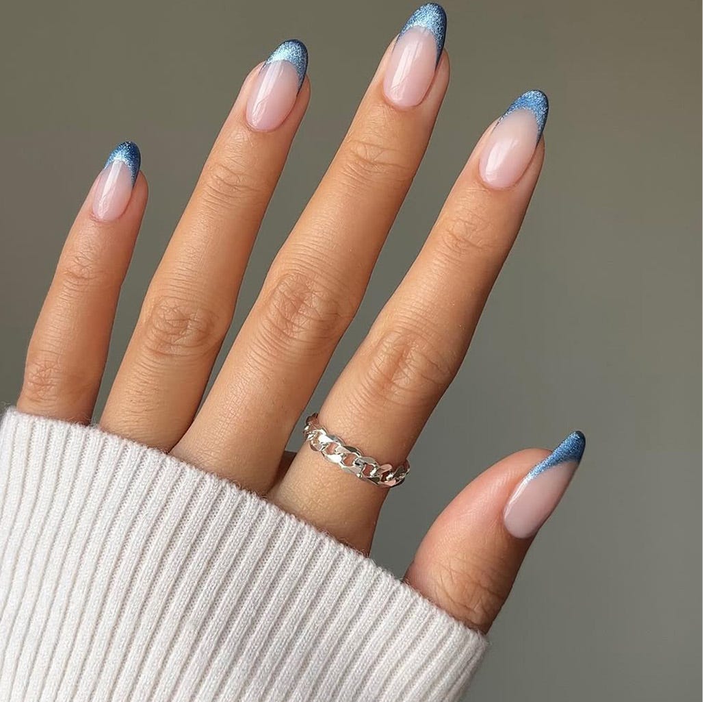 Medium Almond Nails With Thin Blue French Line — Simple Blue French Tip Nails