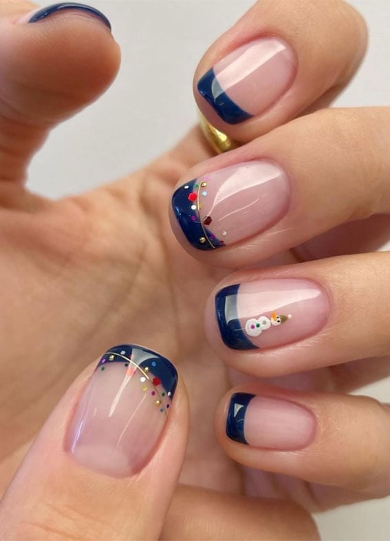 Medium Almond Nails With Navy French Tips and Silver Studs — Simple Blue French Tip Nails