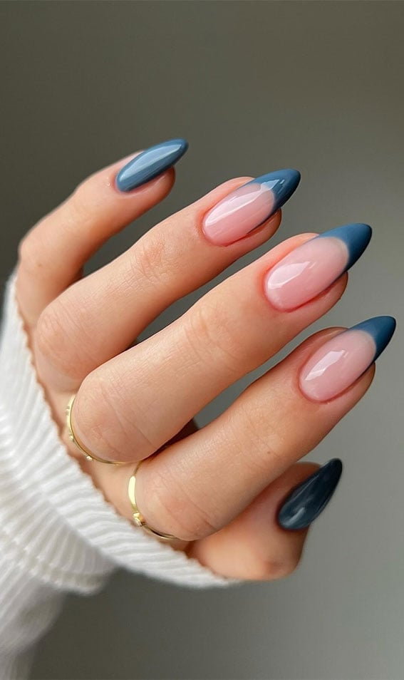 Long Almonds With Rich Deep Blue French Tips — Simple Blue French Tip Nails