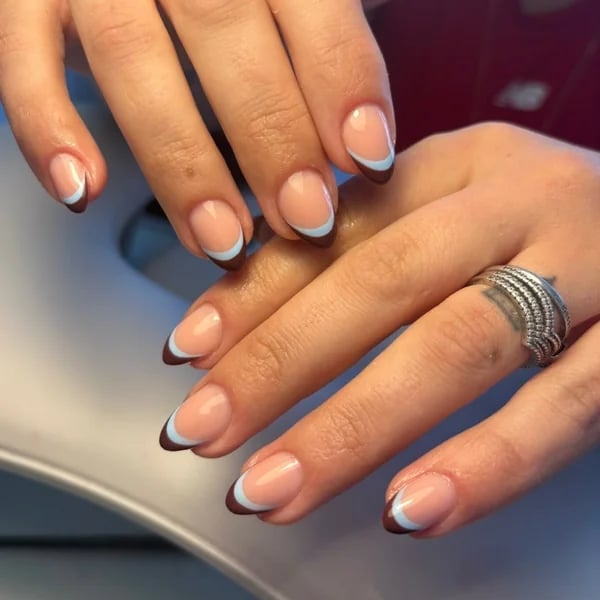Short Squoval Nails With Festive Blue French Design — Simple Blue French Tip Nails