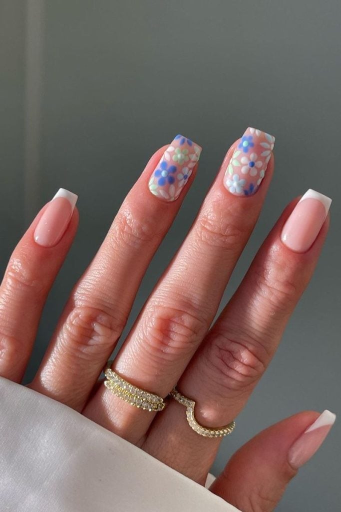 Short Almond Nails With Blue Scale Pattern French Tip — Simple Blue French Tip Nails