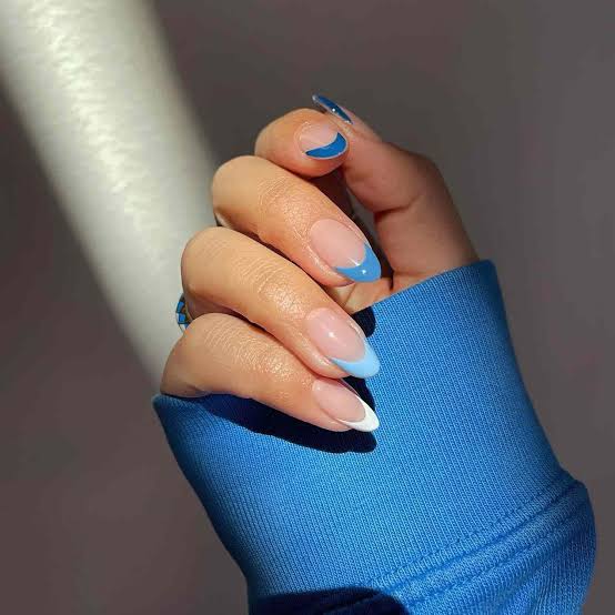 Medium Almonds With Vibrant Blue French Tips — Simple Blue French Tip Nails