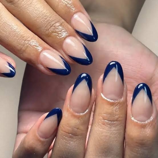 Medium Almonds With Sharp Deep Blue French Tips — Simple Blue French Tip Nails