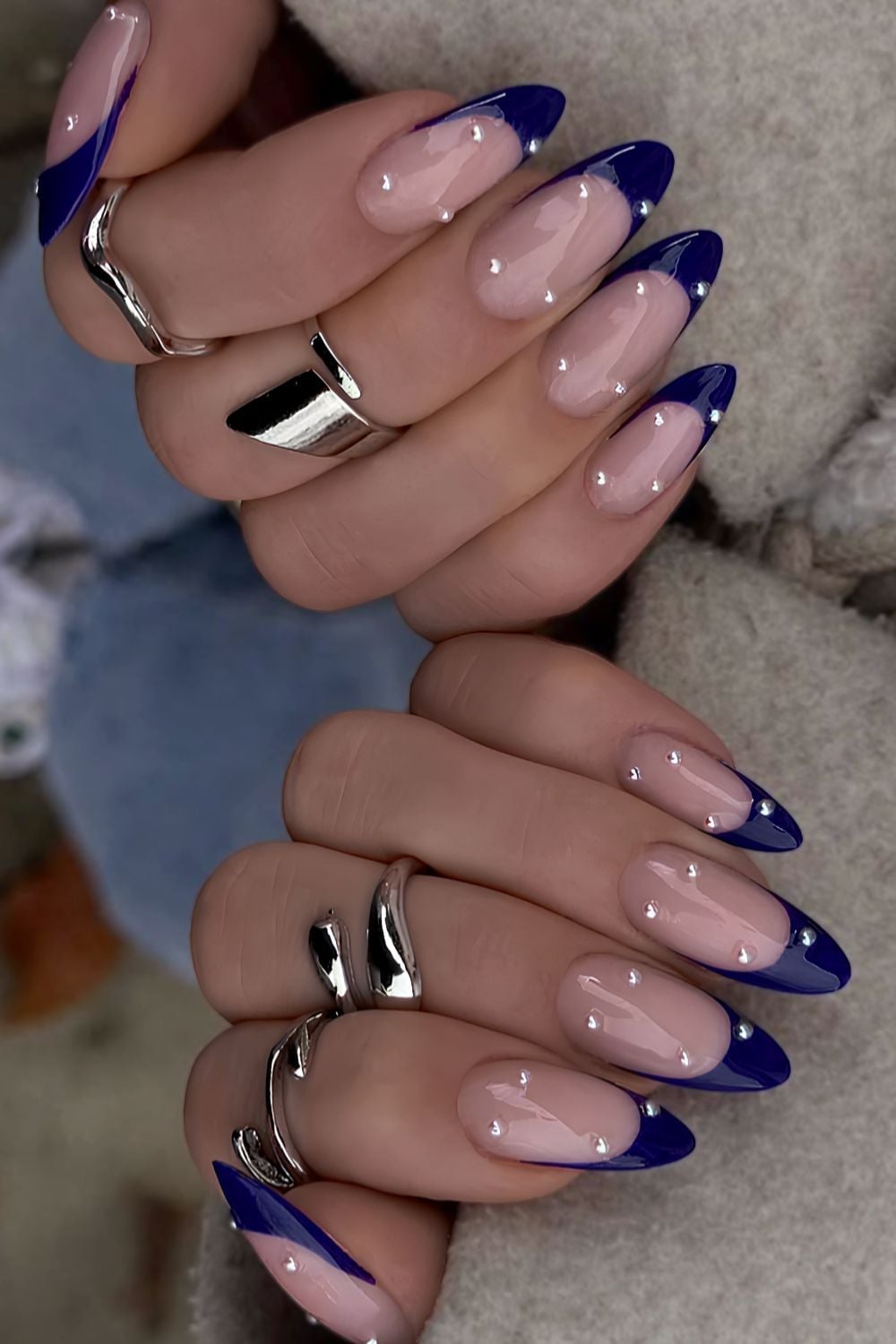 Almond Nails With Navy French Tips and Studs — Simple Blue French Tip Nails