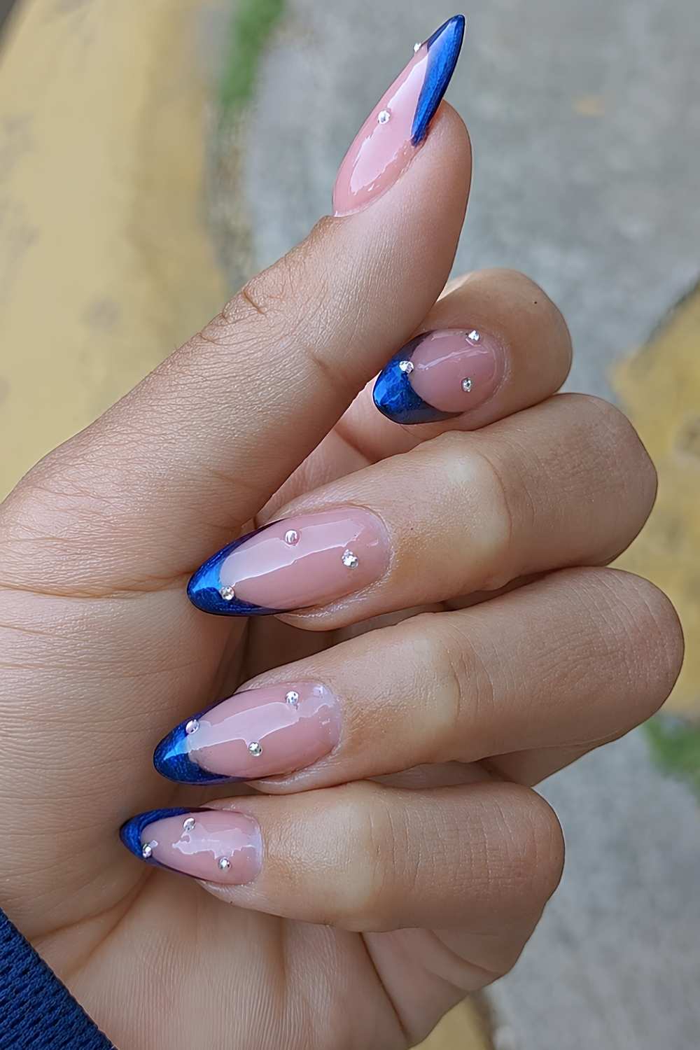 Medium Almonds With Navy French Tips and Scattered Studs — Simple Blue French Tip Nails