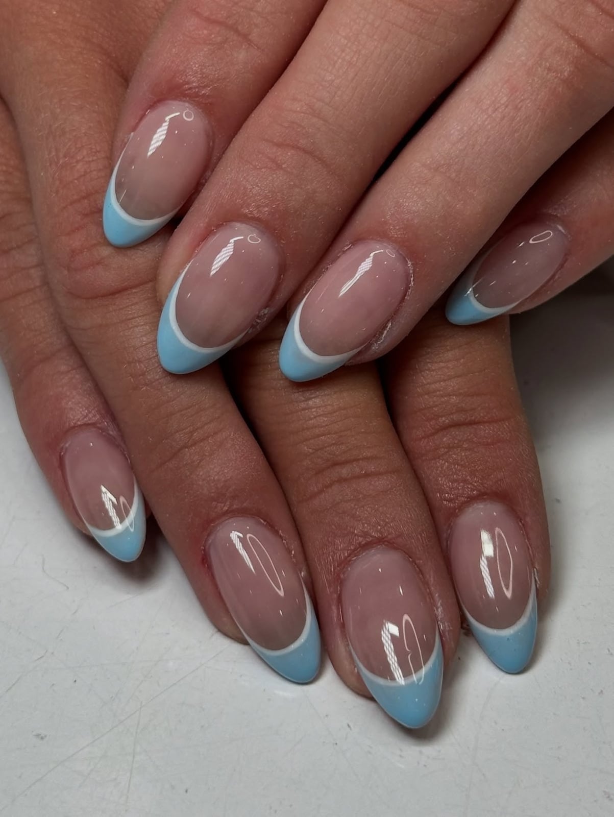 Medium Almonds With Vibrant Light Blue French Tips, Glossy — Simple Blue French Tip Nails