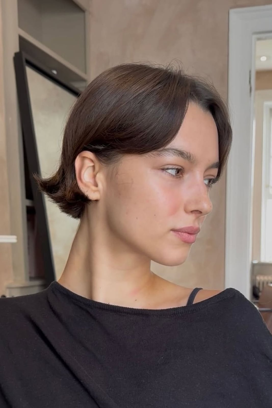 Ear Length Dark Brown Bob Wispy Bangs — Simple Blunt Bob