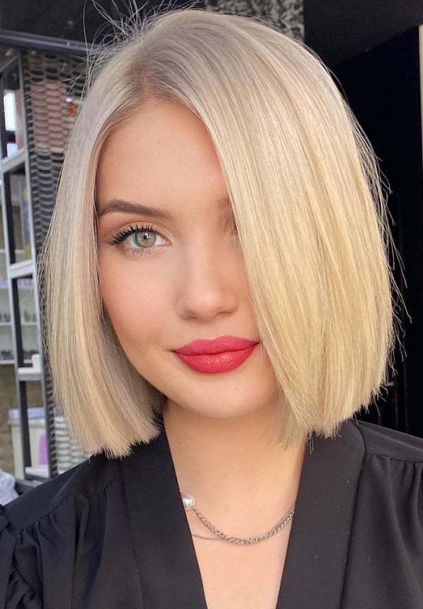 Platinum Blonde Chin Bob Sleek — Simple Blunt Bob