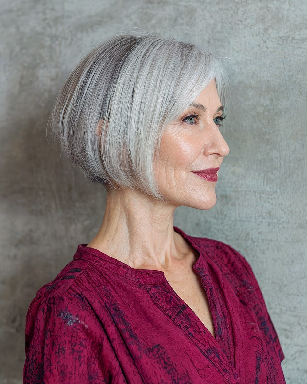 Stacked Silver Grey Bob With Side-Swept Bangs — Simple Bob Hairstyles