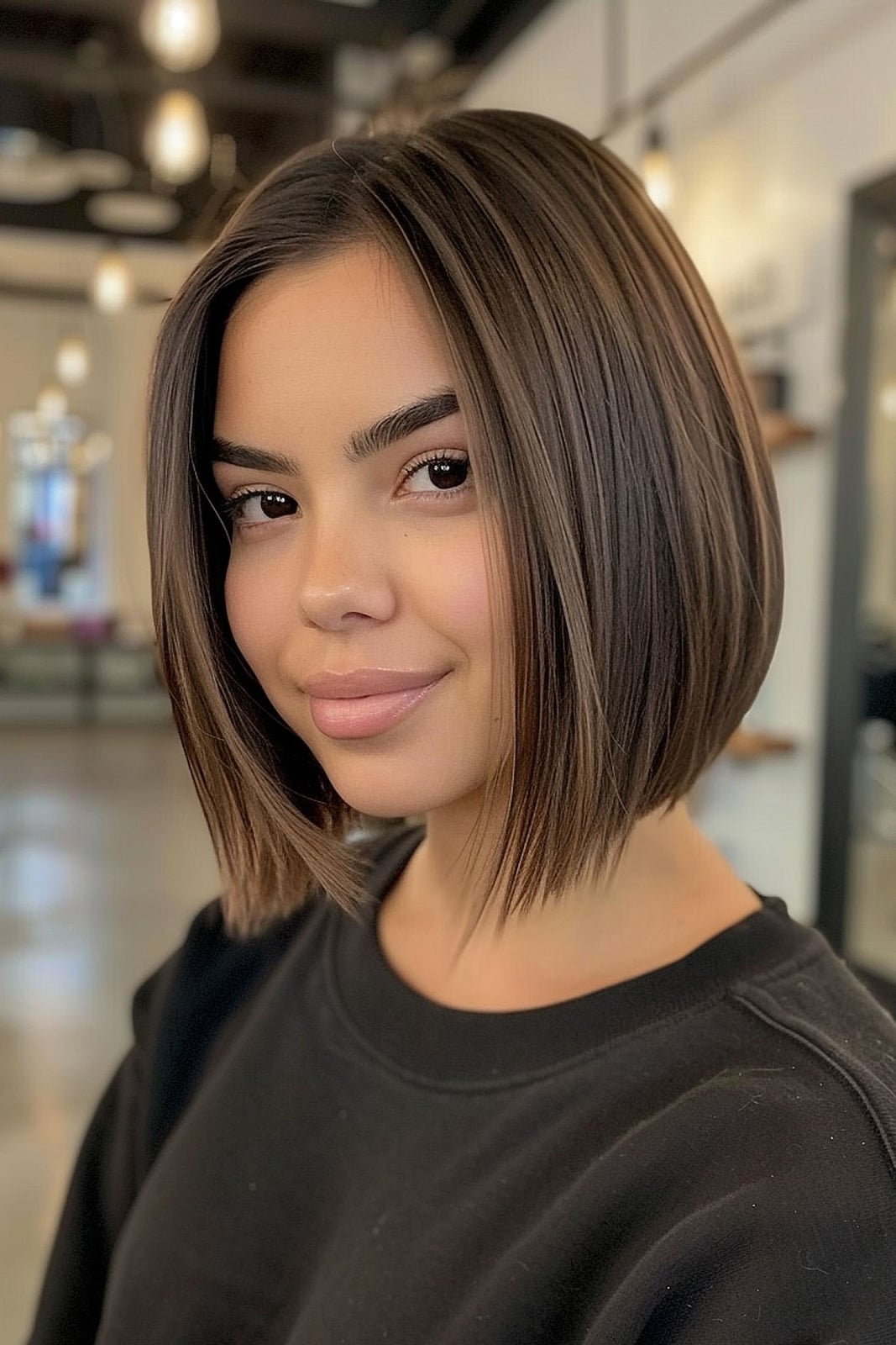 Chin Length Dark Brown Bob With Subtle Highlights, Straight Chin Length Dark Brown Bob With Subtle Highlights, Straight — Simple Bob with Highlights