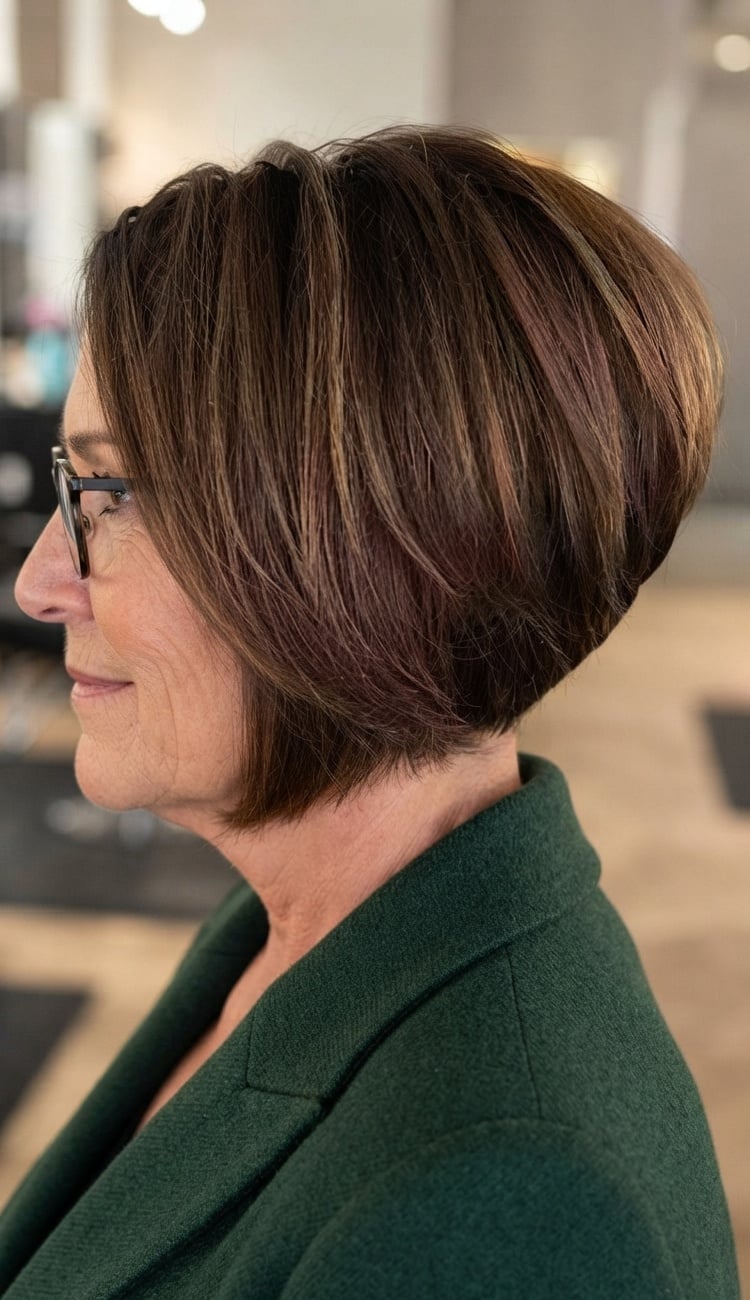 Chin Length Stacked Bob With Caramel Highlights Chin Length Stacked Bob With Caramel Highlights — Simple Bob with Highlights