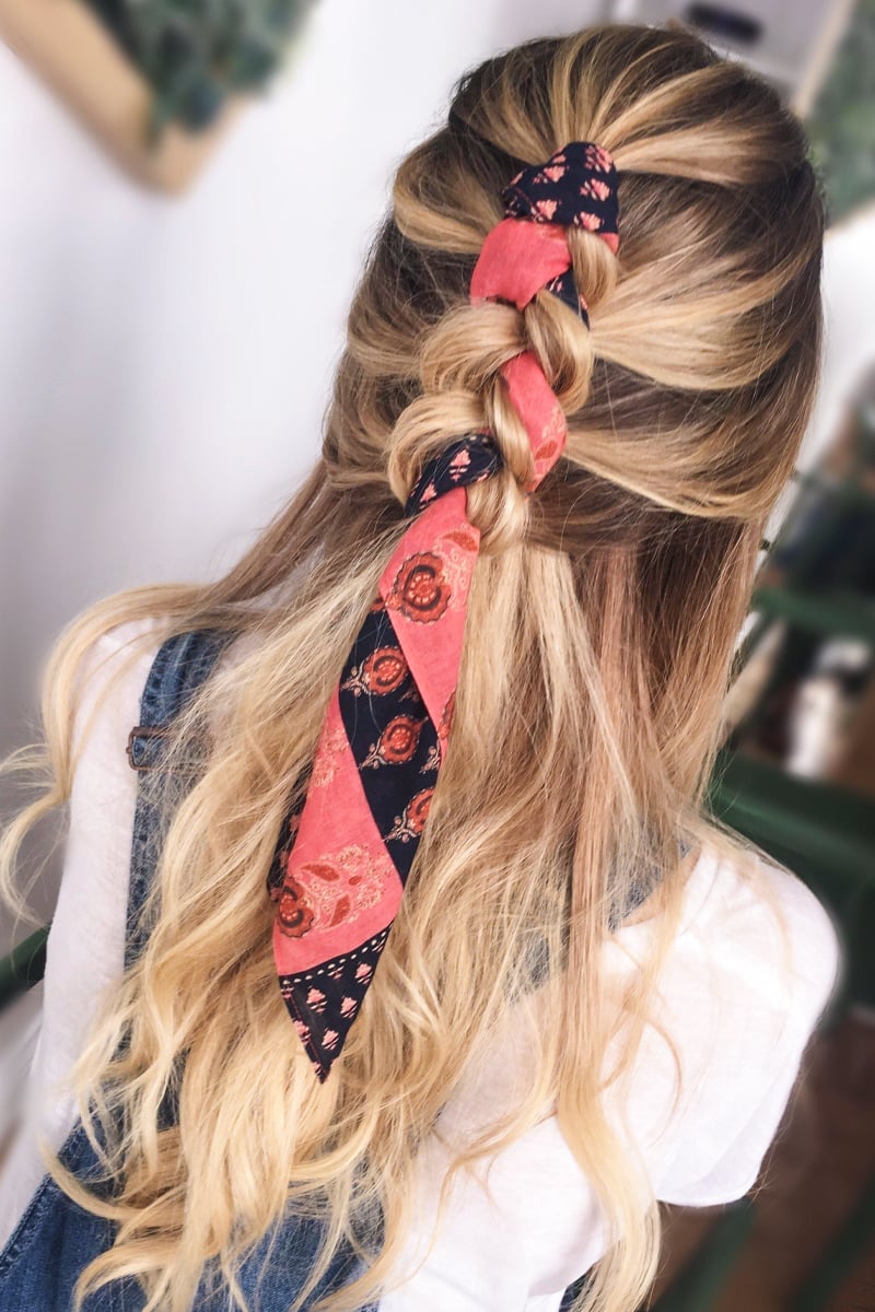 Mid-Back Blonde Braid With Colorful Scarf — Simple Boho Braids