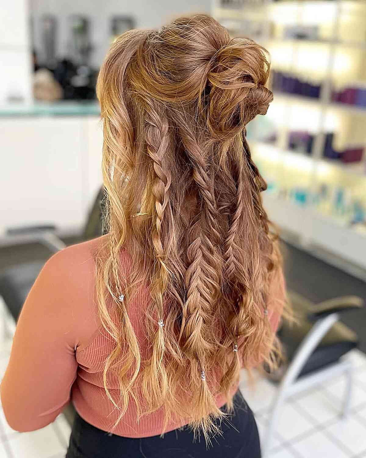 Mid-Back Blonde Half-Up With Brown Highlights And Beads — Simple Boho Braids