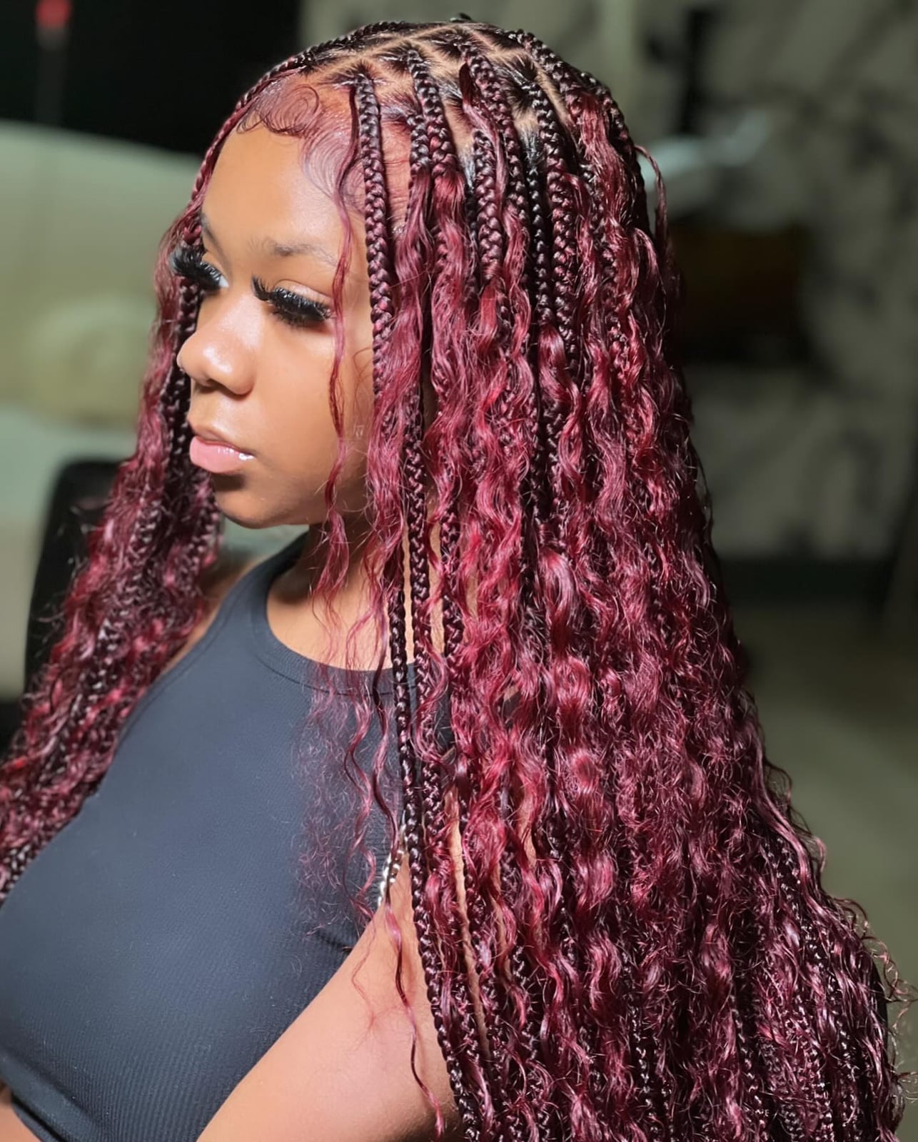 Long Dark Red Braids With Blonde Highlights And Curly, Close-Up Take — Simple Boho Braids