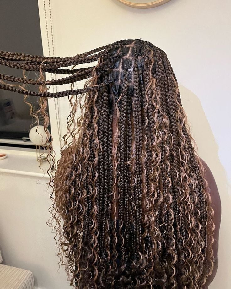 Mid-Back Dark Brown Box Braids With Blonde Highlights And Loose Hair — Simple Boho Braids