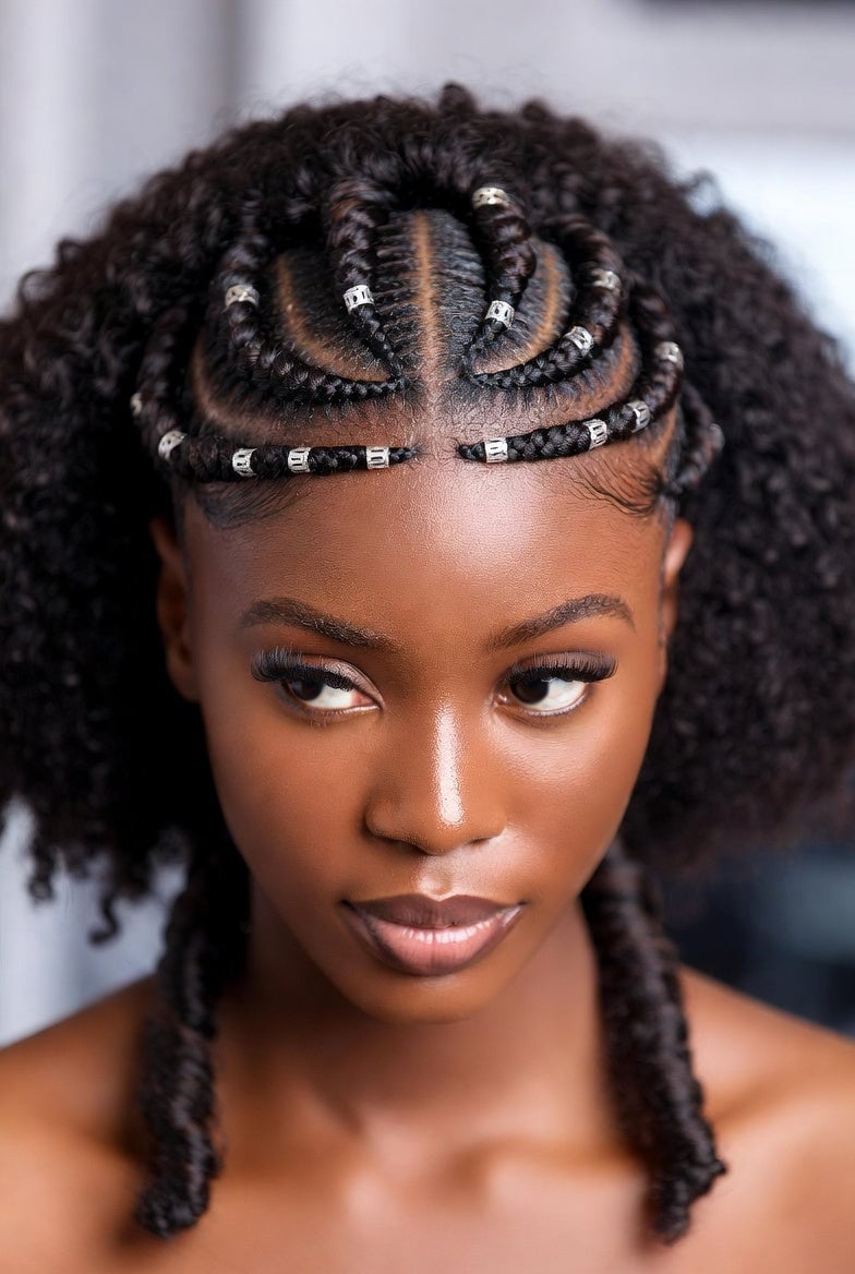 Shoulder Length Fulani Braids With Silver Beads — Simple Boho Braids