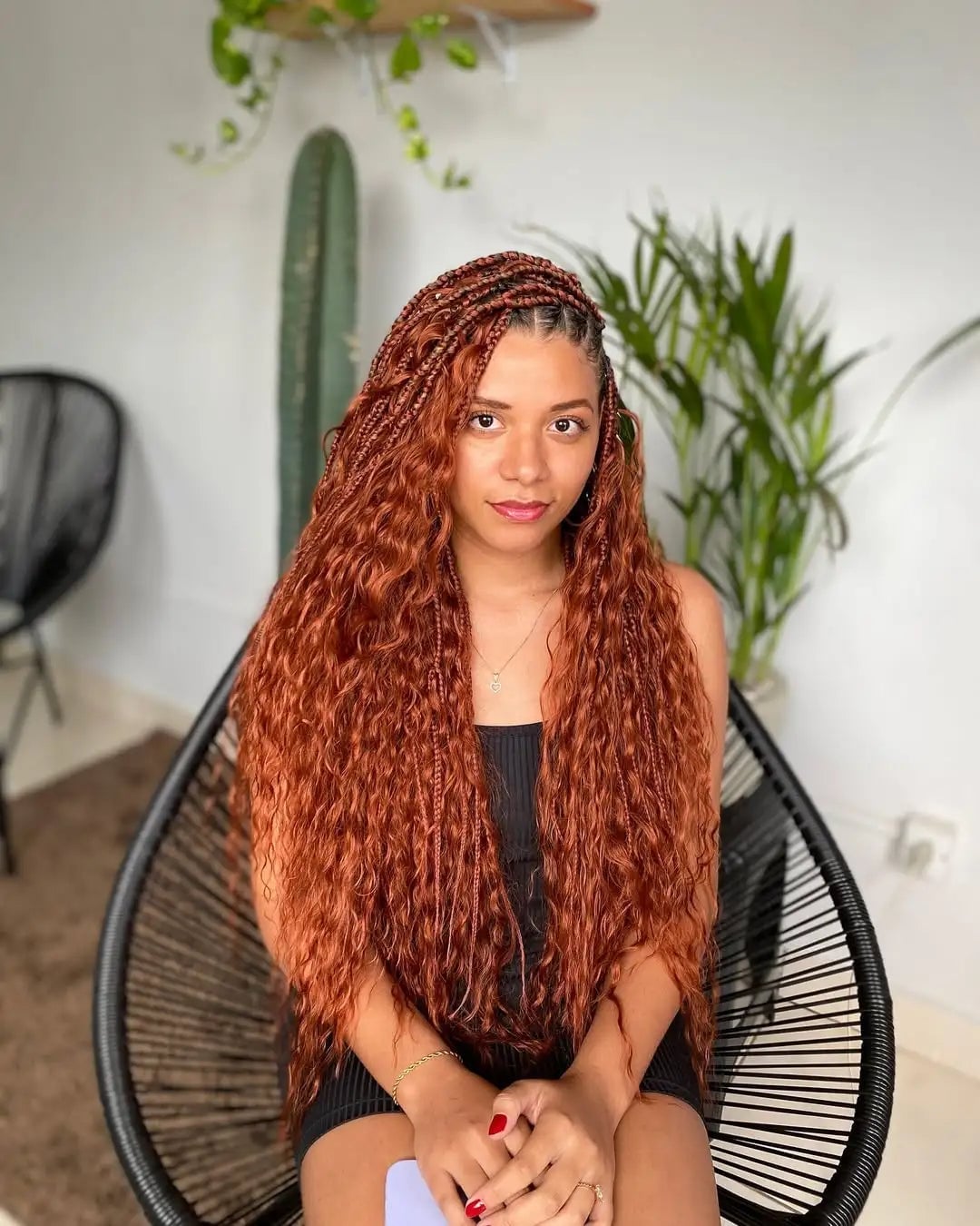 Mid-Back Auburn Box Braids With Voluminous Curls — Simple Boho Braids