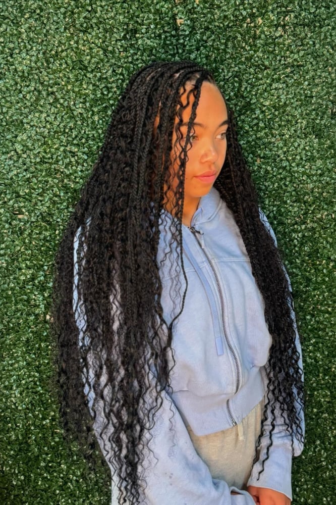 Long Dark Brown Box Braids With Curly Ends And Beads, Close-Up Take — Simple Boho Braids