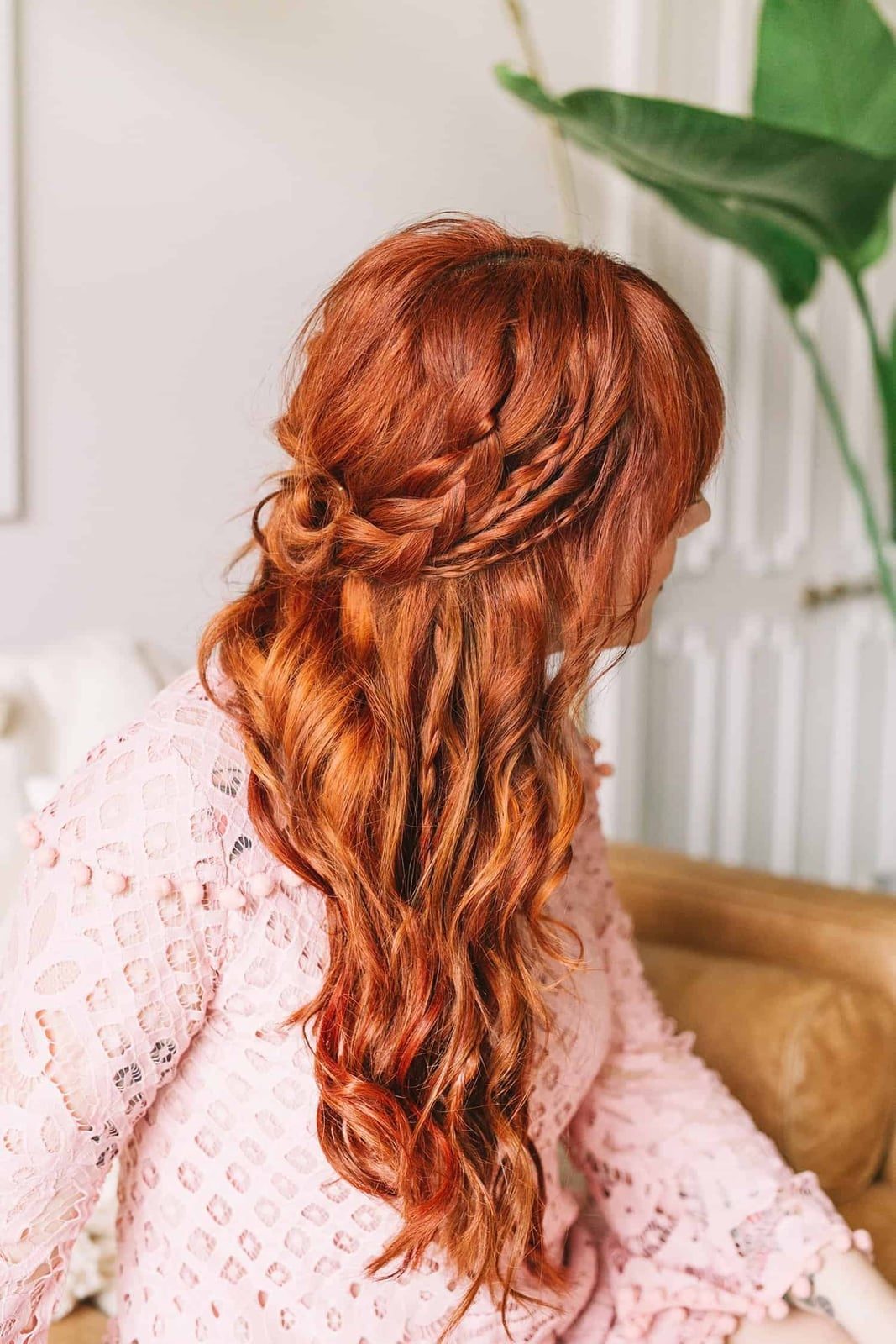 Mid-Back Wavy Red Half-Up With Crown Braid — Simple Boho Braids