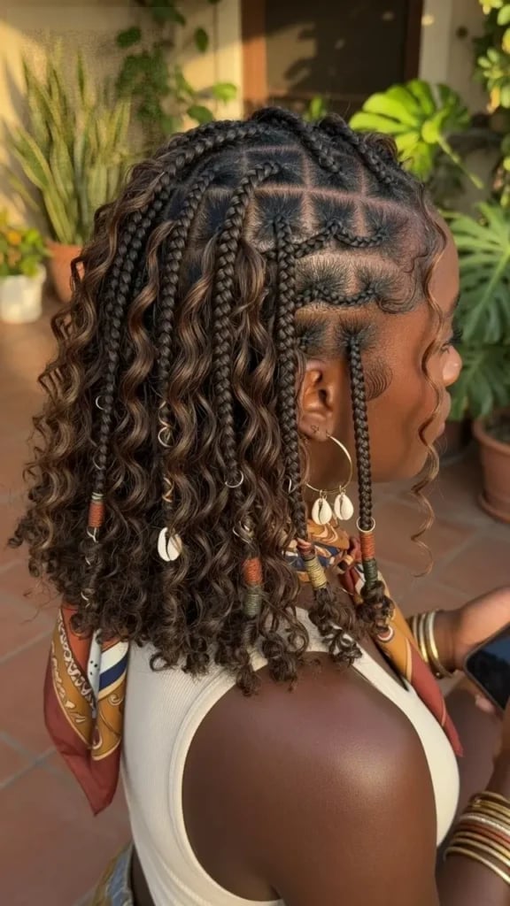 Collarbone Dark Brown Box Braids With Caramel Highlights And Beads — Simple Boho Braids