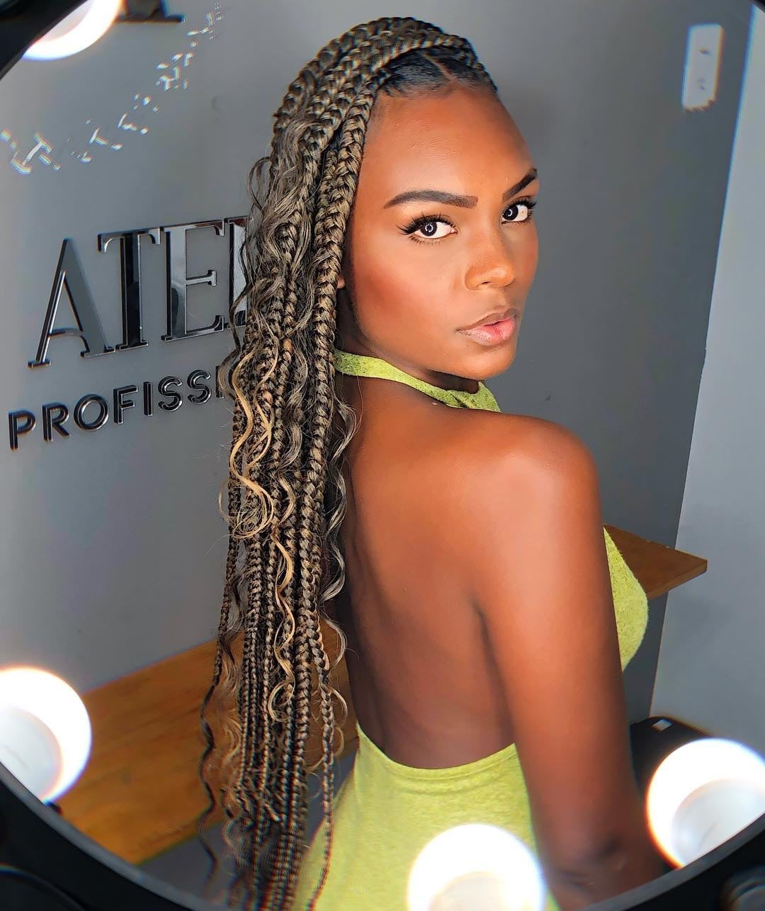 Mid-Back Black Box Braids With Blonde Highlights And Curly Extensions — Simple Boho Braids