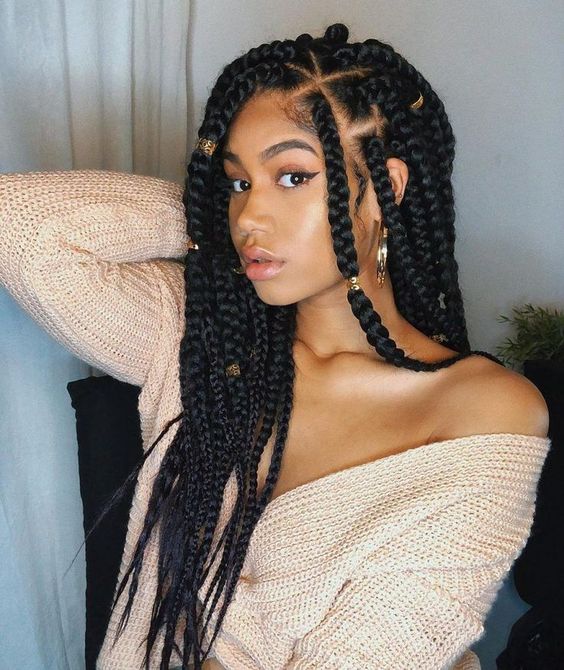 Mid-Back Black Box Braids with Beads — Simple Box Braids