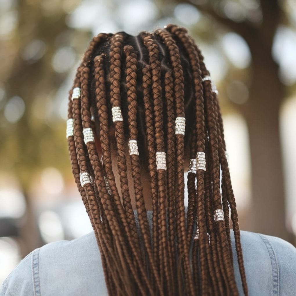 Mid-Back Brown Knotless Braids With Silver Beads — Simple Braids for Black Women