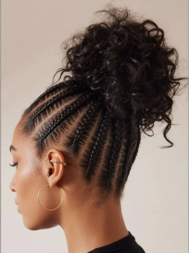 Cornrows Styled Into A High Bun Cornrows Styled Into A High Bun — Simple Braids on Top