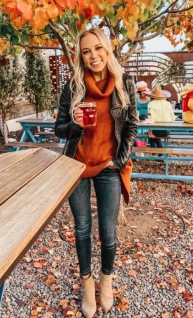 Leather Jacket Over Orange Turtleneck — Simple Brewery Outfits