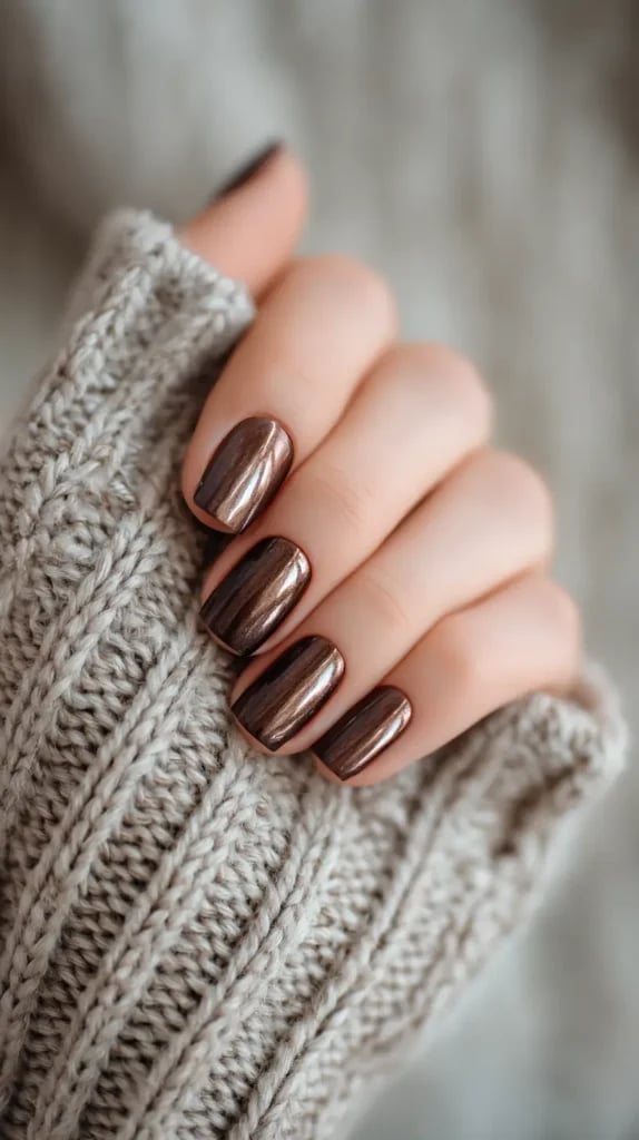 Short Oval Deep Brown Chrome Finish Short Oval Deep Brown Chrome Finish — Simple Brown Chrome Nails