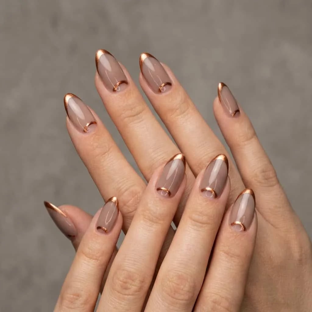 Medium Almond Copper Chrome French Tip Medium Almond Copper Chrome French Tip — Simple Brown Chrome Nails