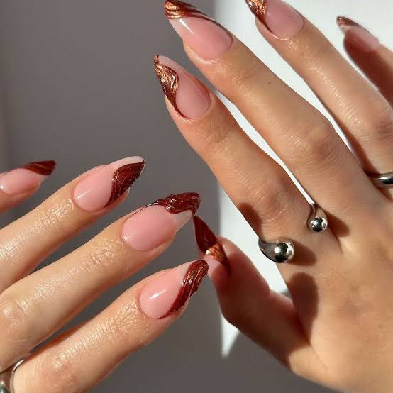 Medium Almond Dark Brown Chrome Swirls Medium Almond Dark Brown Chrome Swirls — Simple Brown Chrome Nails