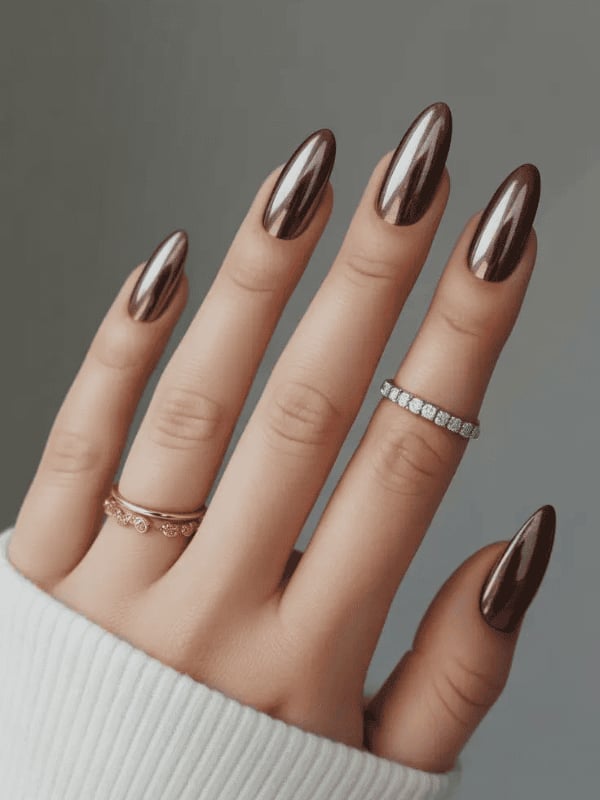 Medium Almond Deep Brown Chrome Finish Medium Almond Deep Brown Chrome Finish — Simple Brown Chrome Nails