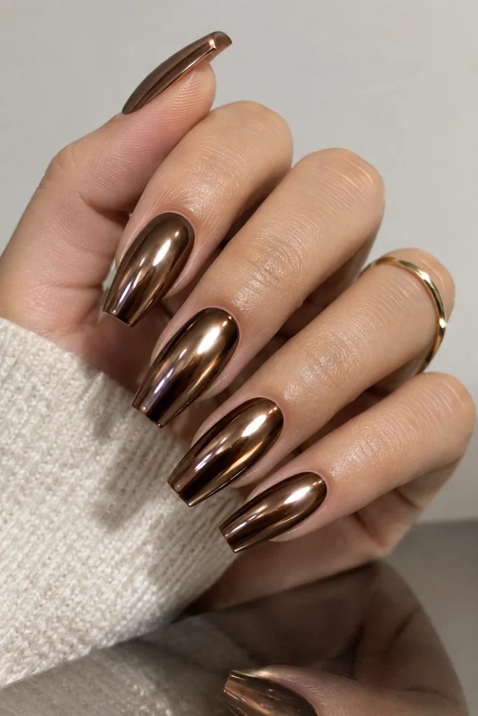 Long Coffin Deep Brown Chrome Finish Long Coffin Deep Brown Chrome Finish — Simple Brown Chrome Nails